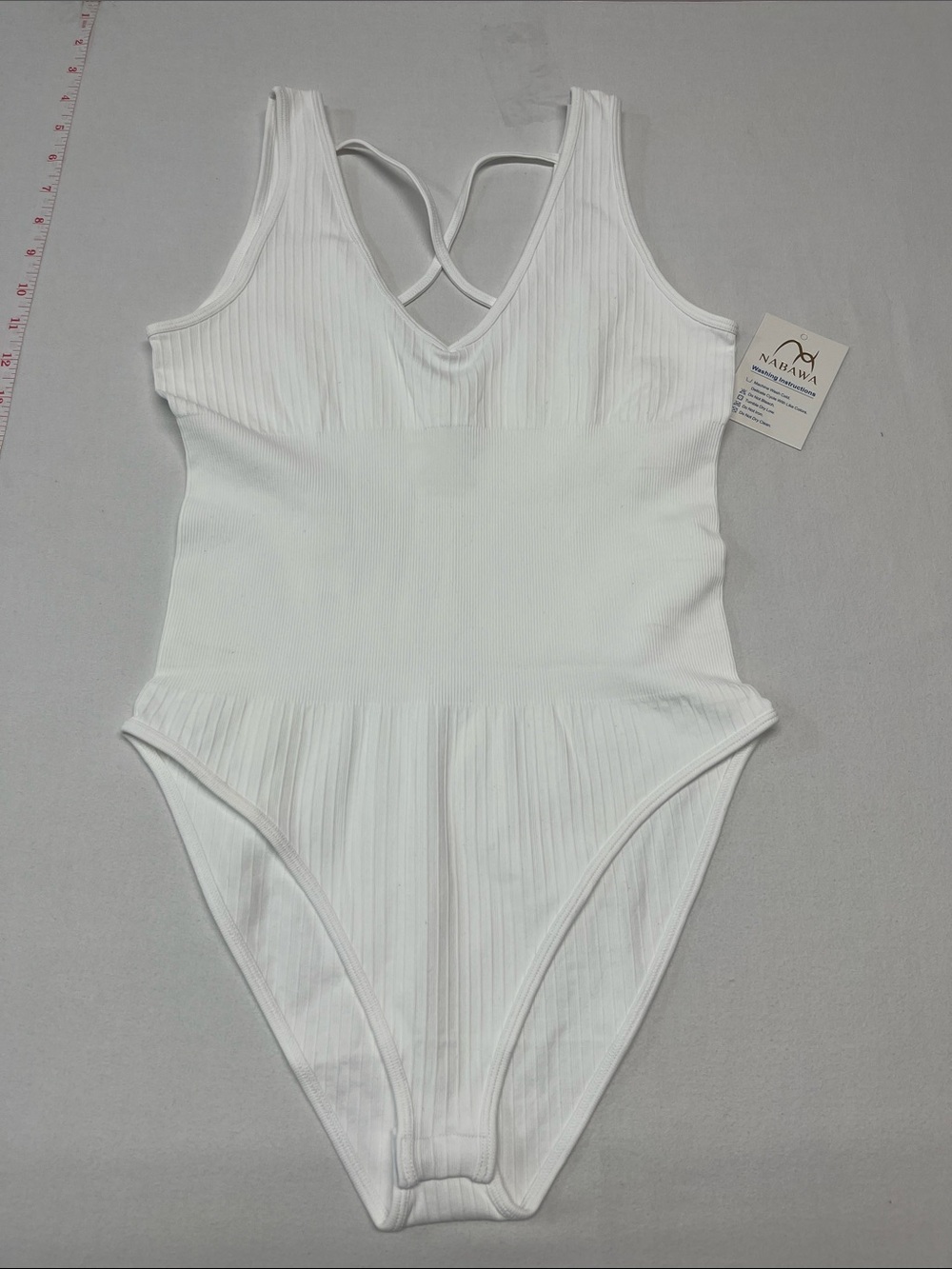 Ladies White Ribbed V-Neck Bodysuit with tummy control, snaps, sleeveless 1238